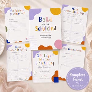Könnte beinhalten: Eine Sammlung von fünf weißen Papier-Arbeitsblättern mit bunten abstrakten Formen und deutschem Text wie 'Bald bin ich Schulkind' und '14 Tage bis zur Einschulung', sowie ein runder violetter Aufkleber mit 'Komplett-Paket 29 Seiten PDF'.