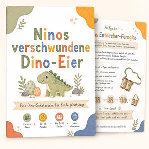 Dino Schatzsuche Kindergeburtstag PDF zum Ausdrucken | Dinosaurier Schnitzeljagd Garten 4-6 Jahre | Dino Partyspiel