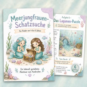 以下が含まれることがあります： 「Meerjungfrauen-Schatzsuche」というタイトルの印刷可能なアクティビティブック。青と茶色の髪の2人の人魚が真珠でいっぱいの宝箱を開けている様子が描かれています。2ページ目には「Das Lagunen-Puzzle」というタイトルのパズルと宝の地図が示されています。