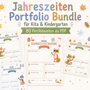 Pode incluir: Um pacote de portfólio digital com quatro páginas imprimíveis intituladas Jahreszeiten Portfolio Bundle für Kita & Kindergarten, 80 Portfolioseiten als PDF. Cada página inclui ilustrações sazonais de uma raposa e campos de texto para registrar descobertas na primavera, verão, outono e inverno.