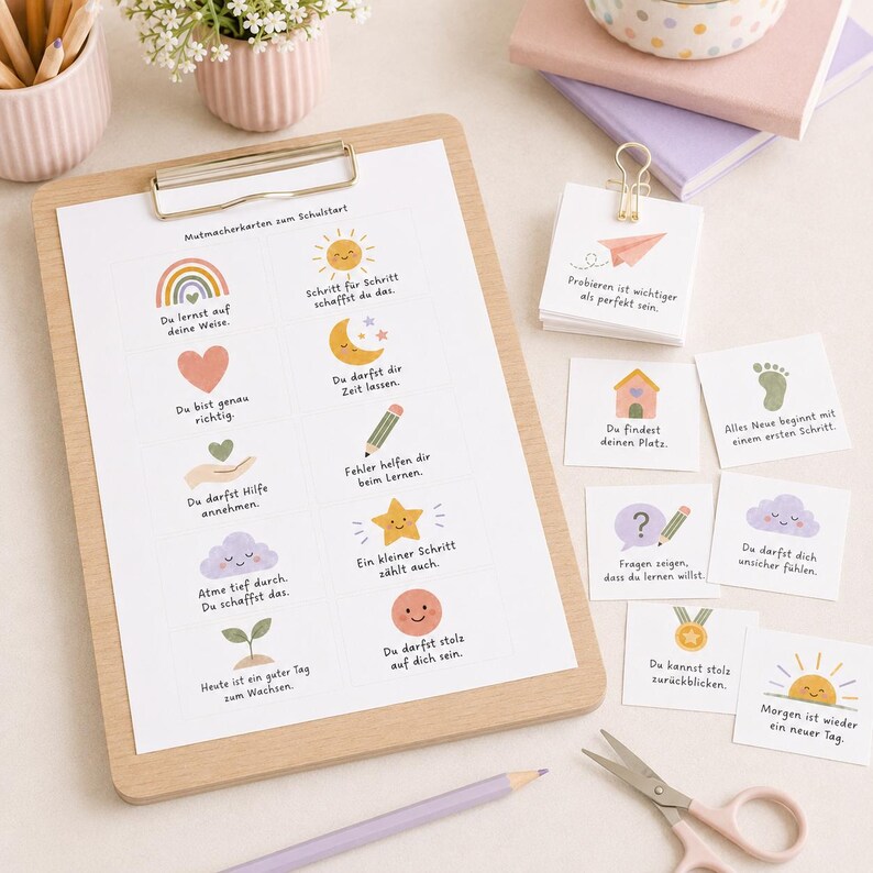 May include: A wooden clipboard holding a sheet of paper with German motivational cards featuring colorful illustrations like a rainbow, sun, and heart, alongside individual square cards with text and icons, a metal clip, and scissors.