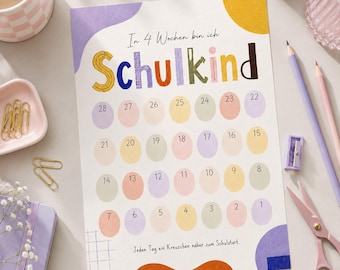 May include: A white countdown calendar sheet with the text In 4 Wochen bin ich Schulkind and Jeden Tag ein Kreuzchen näher zum Schulstart. It features colorful pastel circles numbered 1 through 28, abstract shapes in purple and yellow, and a grid pattern.
