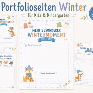 Könnte beinhalten: Ein Set aus zwanzig bedruckbaren Arbeitsblättern mit dem Titel Portfolioseiten Winter für Kita und Kindergarten. Die Seiten zeigen einen Fuchs namens Lino, winterliche Themen, leere Schreibfelder und bunte Illustrationen.