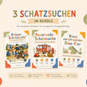 Op de afbeelding: Een bundel van drie printbare speurtochten voor kinderen van 4 tot 6 jaar. De titels zijn Polizei-Schatzsuche, Feuerwehr-Schatzsuche en Ninos verschwundene Dino-Eier. Elke set bevat kleurrijke illustraties van politie, brandweerwagens en dinosaurussen.
