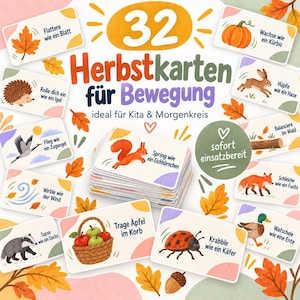 Könnte beinhalten: Ein Set aus 32 Herbstkarten für Bewegung mit Illustrationen von Tieren wie Eichhörnchen, Igel und Fuchs sowie deutschem Text. Die Karten sind um einen zentralen Stapel angeordnet und mit bunten Herbstblättern und Eicheln verziert.
