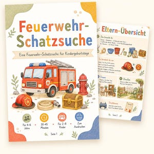 Könnte beinhalten: Ein gedruckter Aktivitätenleitfaden mit dem Titel Feuerwehr-Schatzsuche, der ein rotes Feuerwehrauto, einen Hydranten, einen Helm und eine Schatztruhe zeigt. Das Dokument enthält eine Eltern-Übersicht mit Anleitungen, Materiallisten und Vorbereitungstipps für drinnen und draußen.
