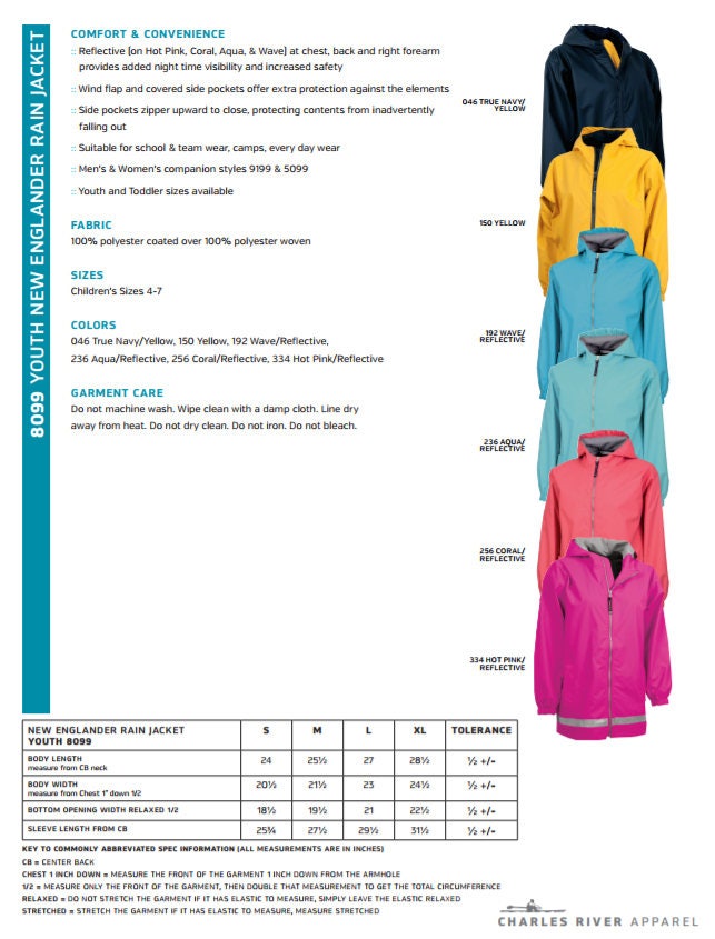 Charles River Windbreaker Size Chart