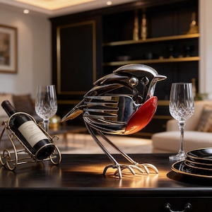May include: A sculpture of a bird crafted from silver-toned metal cutlery, featuring a prominent red chest, standing on thin metal legs. The bird is positioned on a dark surface next to a wine bottle in a gold-toned holder and two crystal glasses.