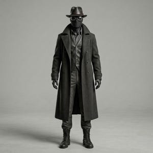 May include: A charcoal gray wool-blend trench coat worn over a matching button-down shirt, vest, and trousers. The ensemble includes a dark fedora, round tinted goggles, a black face covering, and black lace-up combat boots on a mannequin figure.
