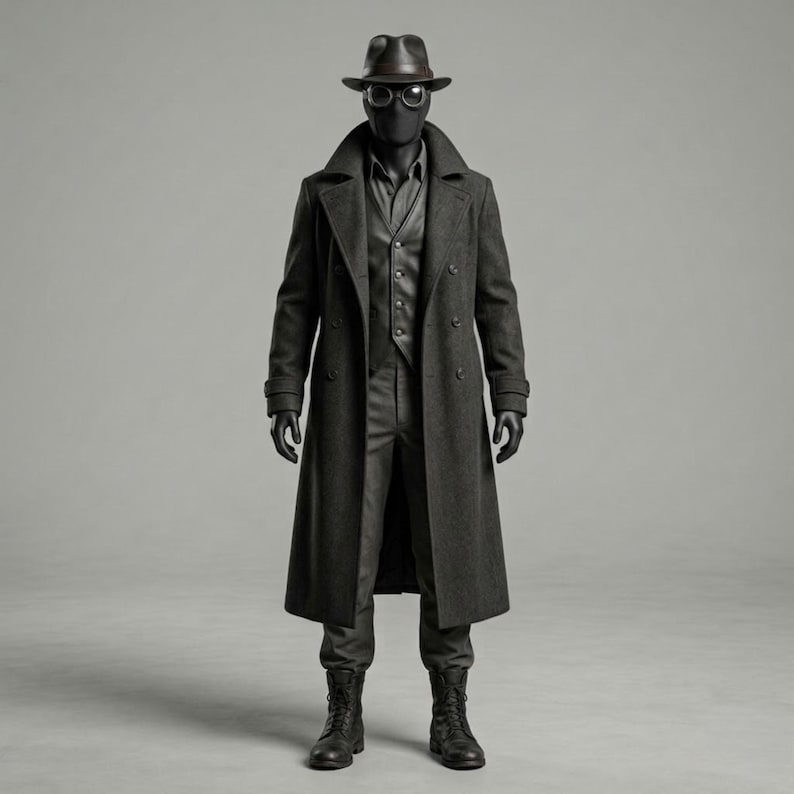 May include: A charcoal gray wool-blend trench coat worn over a matching button-down shirt, vest, and trousers. The ensemble includes a dark fedora, round tinted goggles, a black face covering, and black lace-up combat boots on a mannequin figure.