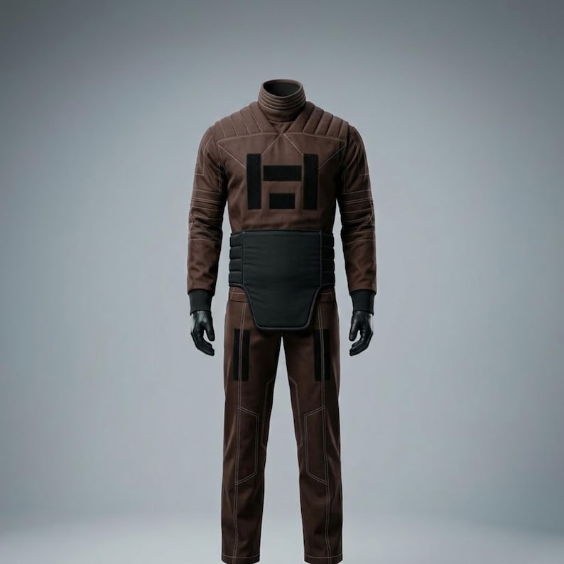 May include: A brown long-sleeved jumpsuit featuring a high ribbed collar, quilted shoulder panels, and a black rectangular chest emblem. The garment includes a wide black waist belt, black gloves, and white contrast stitching on the legs and arms.