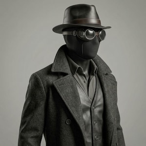 May include: A dark charcoal wool double-breasted coat worn over a black button-down shirt and vest. The ensemble includes a black fedora with a brown band, a black face mask, and round dark-tinted goggles with brown leather-like side frames.