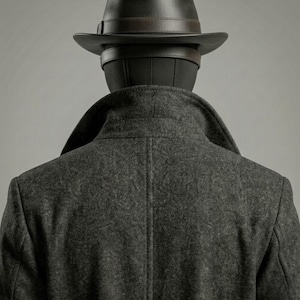May include: A dark charcoal gray wool coat with a wide collar and a vertical seam down the back, paired with a dark brown fedora hat featuring a matching leather band. The head is covered by a solid black mask, obscuring all facial features.
