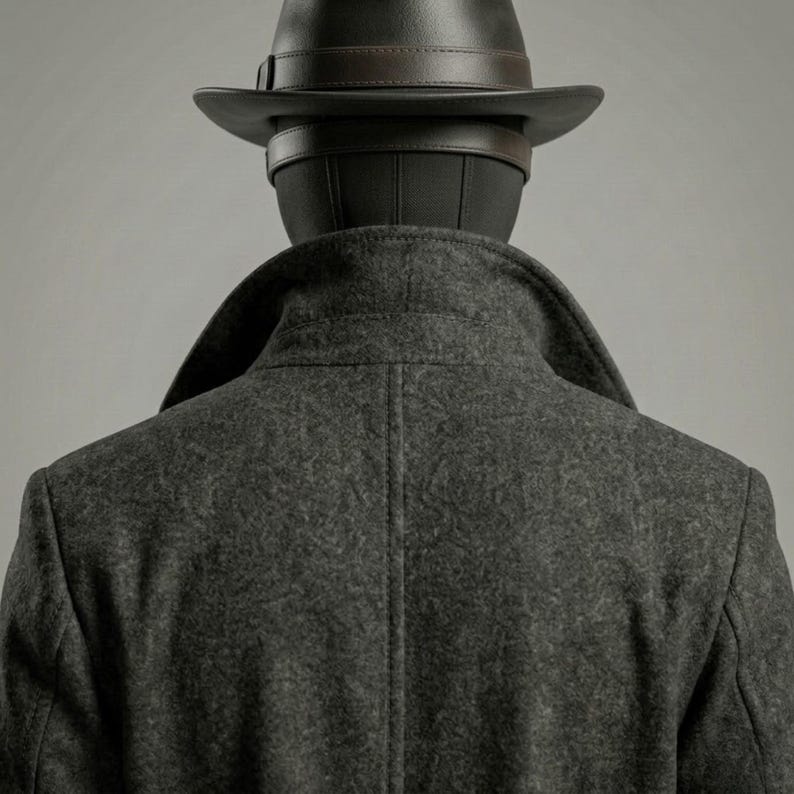 May include: A dark charcoal gray wool coat with a wide collar and a vertical seam down the back, paired with a dark brown fedora hat featuring a matching leather band. The head is covered by a solid black mask, obscuring all facial features.