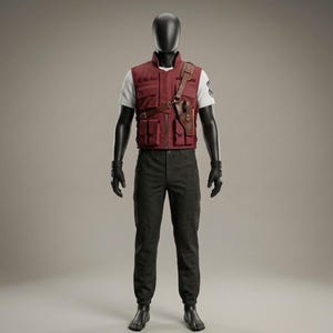 Puede incluir: Una camiseta blanca de manga corta bajo un chaleco táctico granate con múltiples bolsillos y una correa de funda de hombro de cuero marrón. El conjunto incluye pantalones cargo de color gris oscuro y guantes negros sobre un maniquí.