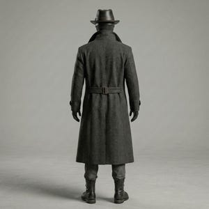 May include: A dark gray long coat with a belted waist, worn with a dark fedora hat, dark gloves, dark trousers, and dark boots. The ensemble is viewed from the back, showcasing the structured collar, the belted back detail, and the full-length coat.