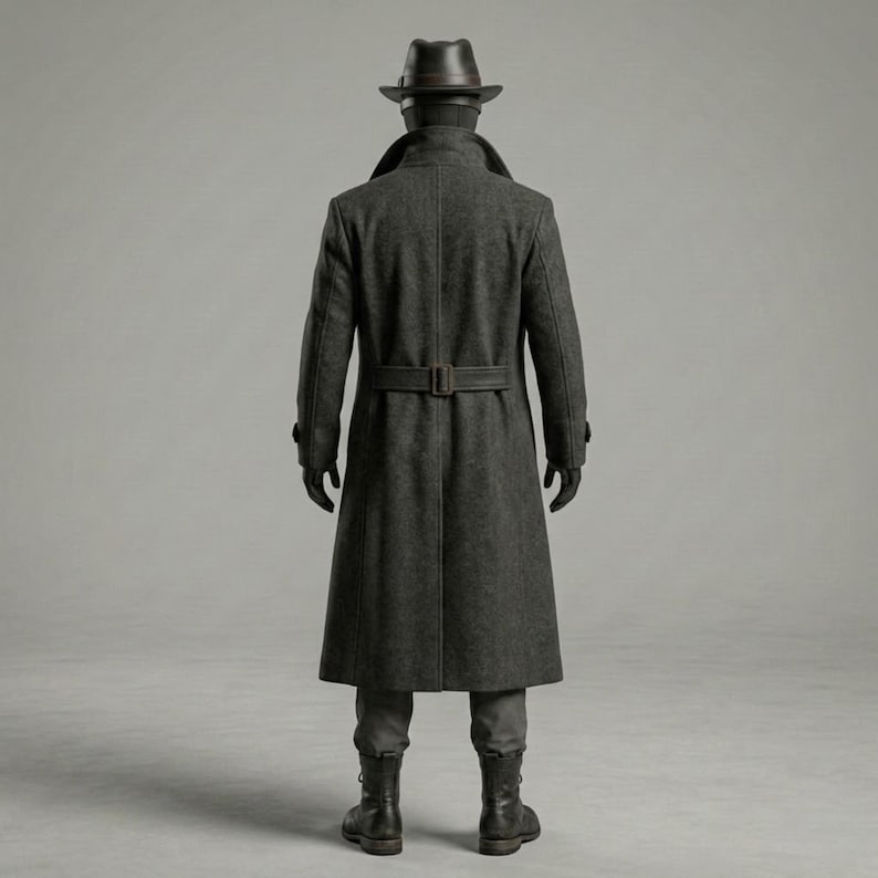 May include: A dark gray long coat with a belted waist, worn with a dark fedora hat, dark gloves, dark trousers, and dark boots. The ensemble is viewed from the back, showcasing the structured collar, the belted back detail, and the full-length coat.