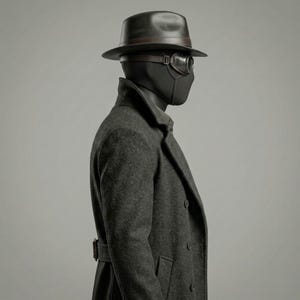 May include: A dark charcoal gray wool-blend double-breasted trench coat with a wide collar, worn with a dark brown fedora hat, a black face mask, and vintage-style aviator goggles with brown leather straps positioned over the eyes.
