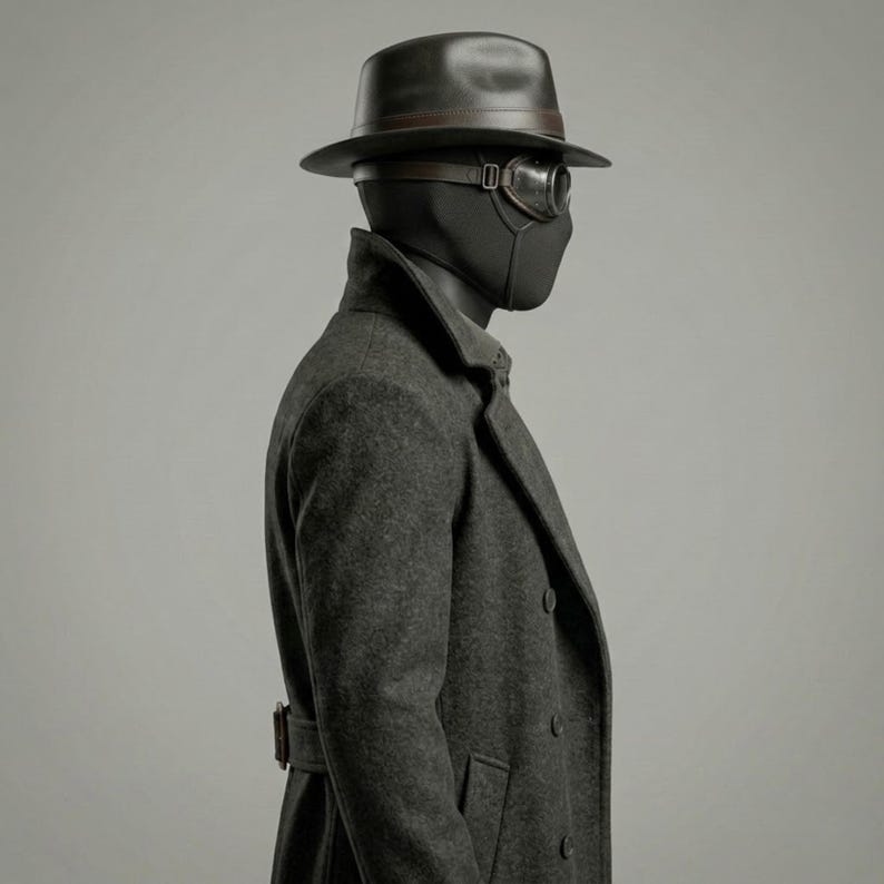 May include: A dark charcoal gray wool-blend double-breasted trench coat with a wide collar, worn with a dark brown fedora hat, a black face mask, and vintage-style aviator goggles with brown leather straps positioned over the eyes.