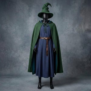 Puede incluir: Un sombrero de mago puntiagudo de color verde oscuro, una capa con capucha a juego de color verde oscuro con cierre de lazo y un vestido largo de color azul marino con mangas largas. Un cinturón de cuero marrón con hebilla metálica.