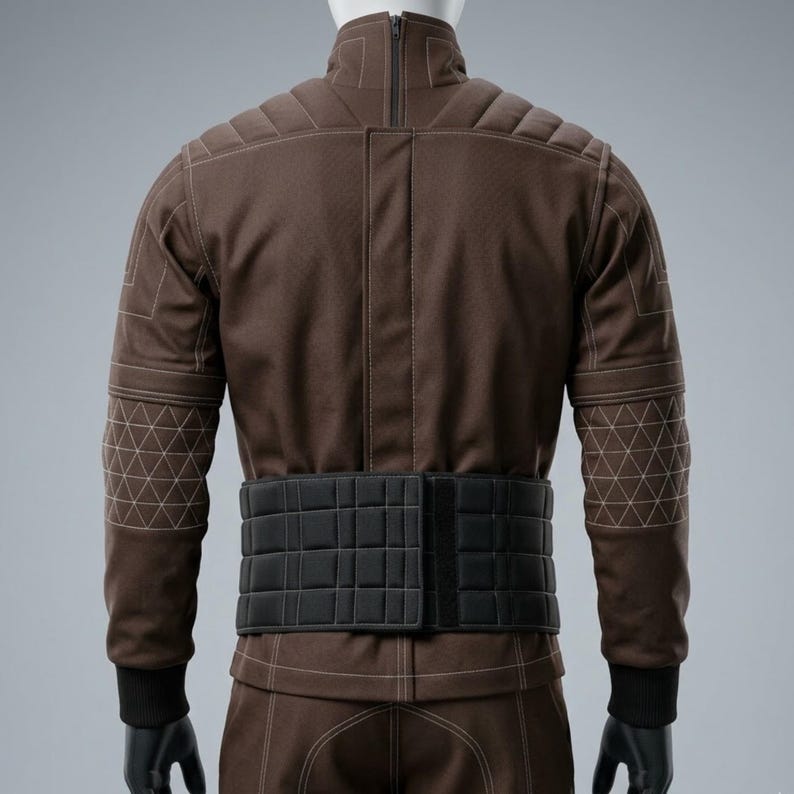 May include: A brown jacket featuring a high collar with a back zipper, quilted shoulder panels, and white contrast stitching. The sleeves have geometric quilted patterns and black ribbed cuffs. A wide black grid-patterned belt is worn at the waist.