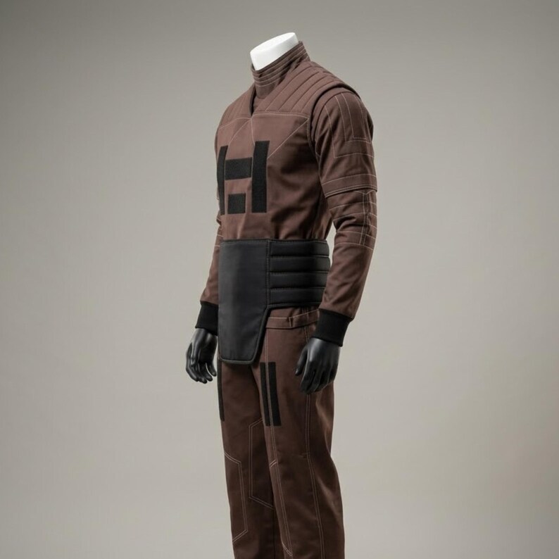 May include: A brown long-sleeved shirt and matching trousers set featuring a high collar, quilted shoulder detailing, and black rectangular patches on the chest and legs. A wide black padded belt is worn around the waist, and black gloves are included.
