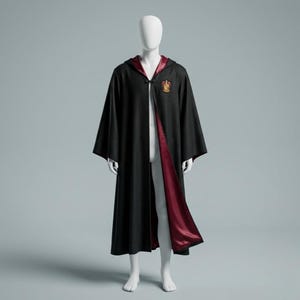 May include: A black hooded robe with a deep red satin lining, featuring wide sleeves and a gold-toned crest patch on the left chest. The garment is secured at the neck with a single toggle closure and hangs to mid-calf length on a white mannequin.