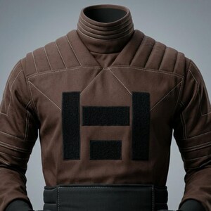 May include: A brown long-sleeve shirt featuring a high ribbed collar, padded shoulder panels with white topstitching, and three black rectangular patches on the chest. The garment includes a wide black waistband at the bottom hem.