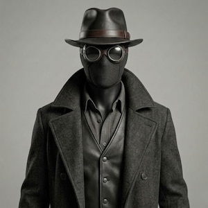 May include: A dark charcoal wool coat worn over a black button-down shirt and a black leather vest. The ensemble includes a black fedora with a brown leather band and black goggles with brown leather accents covering the eyes and face area.