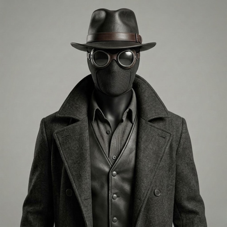 May include: A dark charcoal wool coat worn over a black button-down shirt and a black leather vest. The ensemble includes a black fedora with a brown leather band and black goggles with brown leather accents covering the eyes and face area.
