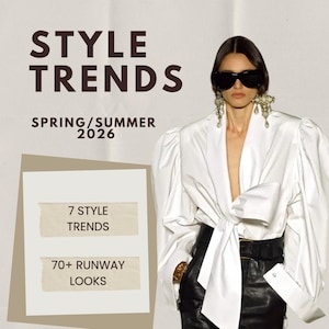 May include: A white long-sleeved blouse with voluminous puff sleeves and a front tie, paired with a black high-waisted leather skirt. The text reads STYLE TRENDS SPRING/SUMMER 2026, 7 STYLE TRENDS, 70+ RUNWAY LOOKS, and ModaStudioLab.