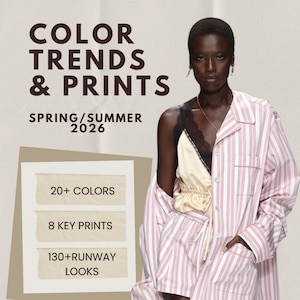 May include: A light pink and white striped button-down shirt and matching shorts worn over a pale yellow camisole with black lace trim. The image features text: COLOR TRENDS & PRINTS SPRING/SUMMER 2026, 20+ COLORS, 8 KEY PRINTS, 130+RUNWAY LOOKS, ModaStudioLab.