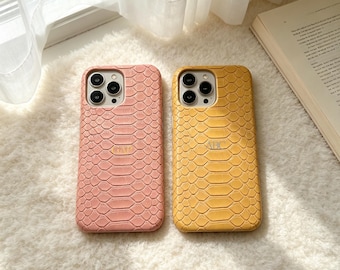 Coque de portable en peau de serpent avec inscription en relief personnalisée pour iPhone Pro Max