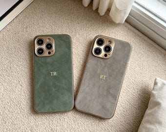 Personalized Suede iPhone Case, Custom Embossed Initial Monogram Phone Cover for iPhone 17 16 15 14 Pro Max