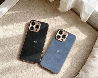 Suede Phone Case for iPhone 17 16 15 14 Pro Max, Personalized Embossed Initial Monogram Case