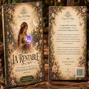 Puede incluir: Un libro de tapa dura titulado IA RENTABLE con una portada de fantasía que muestra a un hada sosteniendo un orbe brillante, rodeada de flores y enredaderas. La contraportada incluye texto en español, un código de barras y el logo de Fairy Art Cottage.