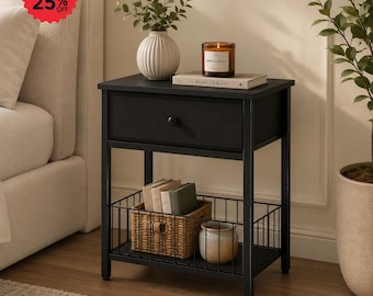 Wooden Nightstand With 1 Drawer | Bed Side Table With 4 Sides Guard Rail | Farmhouse Nightstand | Small Side Table | Bedroom Decor