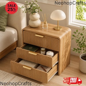 3 Drawers Wooden Walnut Fluted Nightstand | Modern Side table | Fluted Nightstand | Drawer Night Stand | Bedroom Furniture | Home Decor