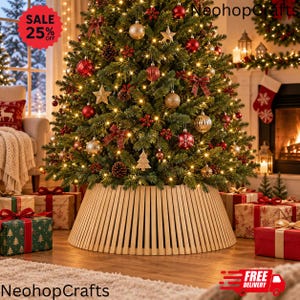 Multi Color Pine Christmas Tree Collar | Wooden Slatted Tree Skirt | Christmas Tree Base | Tree Box Collar | Christmas Decor