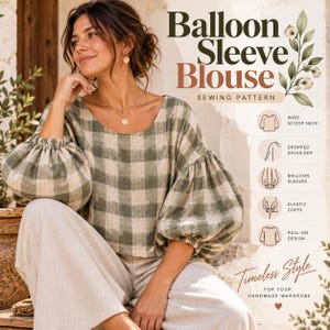 Puede incluir: Un patrón de costura para una blusa de mangas globo con un estampado de cuadros en verde y beige. El diseño incluye un cuello redondo amplio, hombros caídos, mangas globo voluminosas con puños elásticos y un corte sencillo de poner.