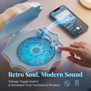 May include: A light blue and white shell-shaped speaker with a simulated vinyl turntable design. The device features a central blue textured disc, a tone arm, and control buttons. Text reads: Retro Soul, Modern Sound, Vintage Toggle Switch & Simulated Vinyl Turntable & Wireless.