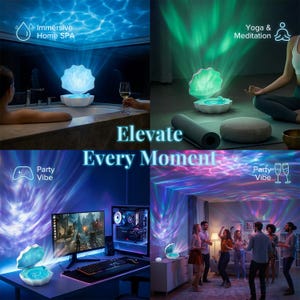 May include: A white seashell-shaped light projector that casts colorful, rippling light patterns on ceilings and walls. The device features an open shell design and is shown in various settings, including a bathroom, a gaming desk, and a party.