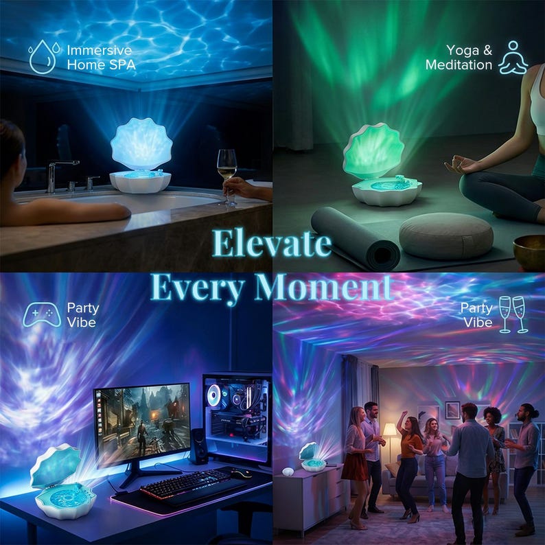 May include: A white seashell-shaped light projector that casts colorful, rippling light patterns on ceilings and walls. The device features an open shell design and is shown in various settings, including a bathroom, a gaming desk, and a party.
