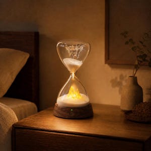 May include: A glass hourglass lamp with a dark wood base, featuring white sand and a glowing yellow mountain-shaped light element inside the bottom chamber. The hourglass is illuminated from within, casting a warm light on the surrounding area.