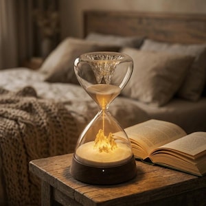 May include: A clear glass hourglass with a dark wooden base and top, containing fine white sand. Inside the bottom chamber, a small, illuminated golden mountain structure glows, while sand flows from the top chamber through a narrow opening.