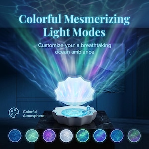 May include: A white shell-shaped light projector emitting colorful blue, purple, and green light waves. The text reads: Colorful Mesmerizing Light Modes, Customize your a breathtaking ocean ambiance, and Colorful Atmosphere. Eight circular color icons.