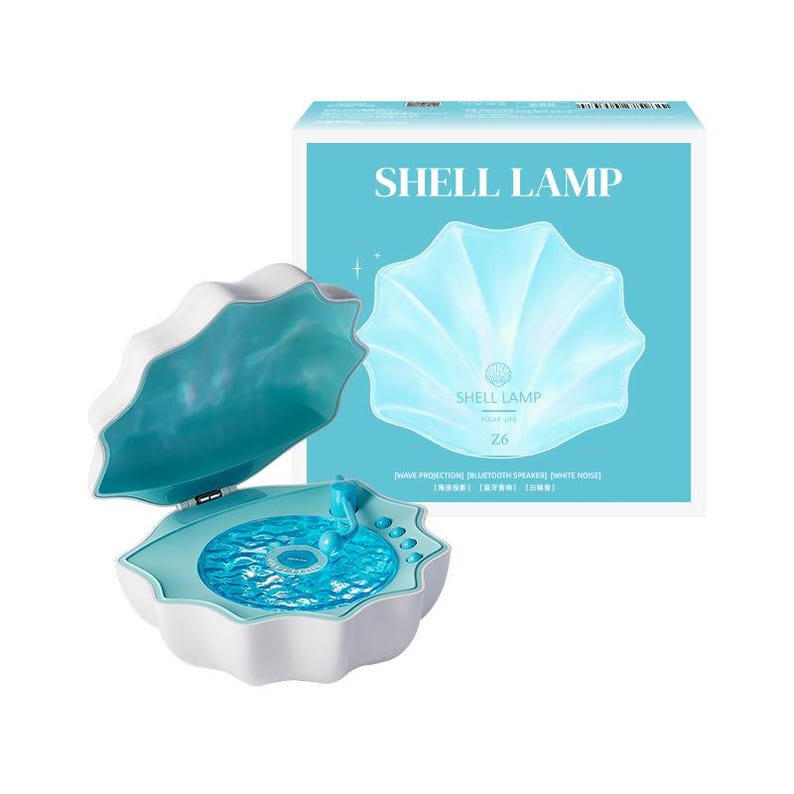 May include: A white and teal shell-shaped lamp with a blue water-effect projection surface, four control buttons, and a small arm. The packaging box is light blue with the text SHELL LAMP, Z6, and features for wave projection and speaker.
