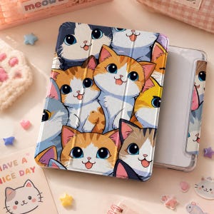 Funda para iPad con diseño de gato kawaii, funda para tablet con diseño de dibujos animados, divertido diseño de animales, accesorio coqueto