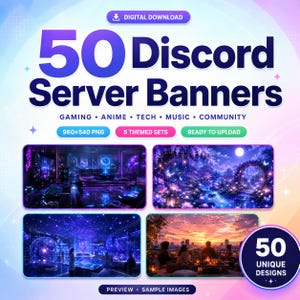 May include: A digital download collection of 50 Discord server banners featuring gaming, anime, tech, music, and community themes. The graphic includes the text 50 Discord Server Banners, 960x540 PNG, 5 Themed Sets, and 50 Unique Designs.