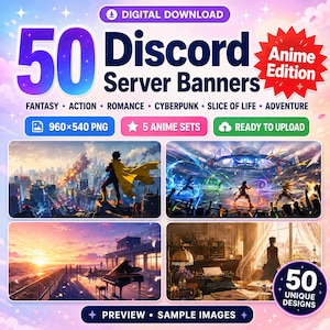 Puede incluir: Un conjunto de descarga digital de 50 banners para servidores de Discord en estilo anime. El gráfico incluye el texto 50 Discord Server Banners, Anime Edition, Fantasy, Action, Romance, Cyberpunk, Slice of Life, Adventure, 960x540 PNG.